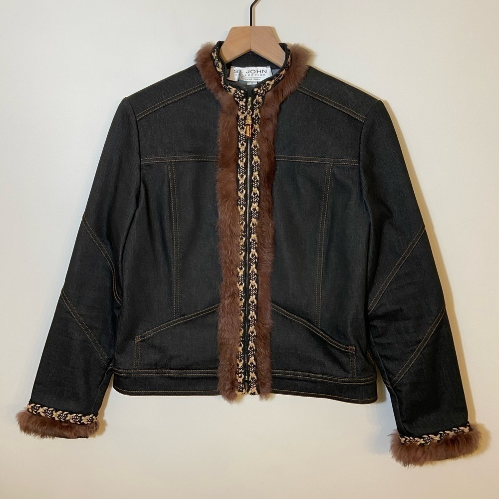 ST.JOHN Collection By Marie Gray Black Beige Brown Fur Trim Jacket Sz 2 Western
